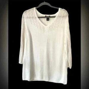 NWT Studio 1940 18/20W Ivory Semi Sheer Sweater 3/4 Sleeve V-Neck eyelet Knit